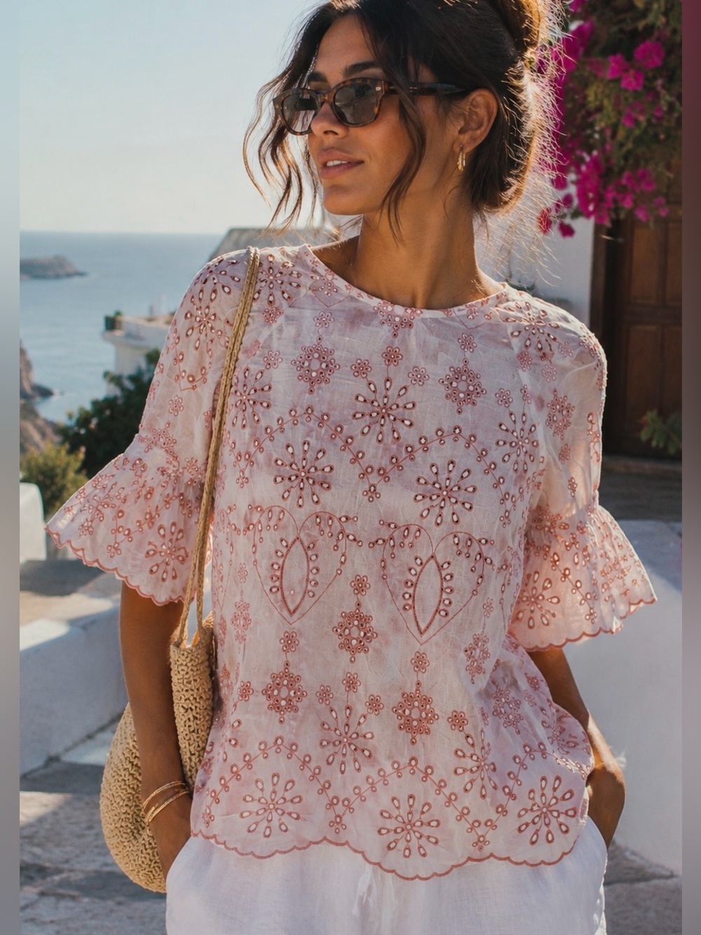 given kale top white/pinc floral blouse Summer Beach Vacation Vintage Cotton S